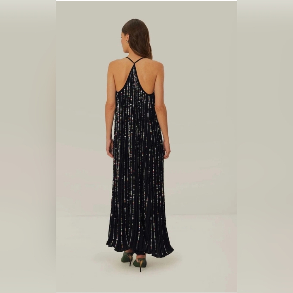 Farm Rio Beaded Sequin Maxi Dress NWT Small Black V-Neck - Picture 2 of 11